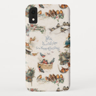 Funda Para iPhone XR Vintage Aves de Nieve y Saludos de Navidad