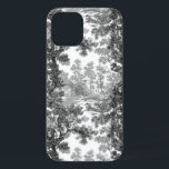 Funda Para iPhone 12 Vintage Cottage Landscape Toile-Black & White<br><div class="desc">Clásico paisaje vintage de estilo toile de jouy con una casa de campo rústica y un puente en un claro enmarcado por un bosque de árboles en tonos negros y grises sobre fondo blanco. El patrón no tiene fisuras y puede ampliarse o reducirse.</div>