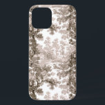 Funda Para iPhone 12 Vintage Cottage Paisaje Toile-Brown & White<br><div class="desc">Paisaje clásico vintage de estilo toile de jouy con una casa de campo rústica y un puente en un claro enmarcado por un bosque de árboles en tonos claros y marrones oscuros sobre fondo blanco. El patrón no tiene fisuras y puede ampliarse o reducirse.</div>
