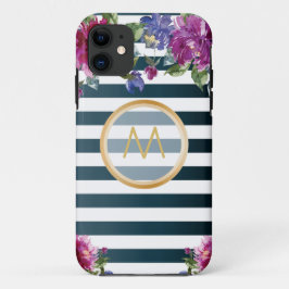 Funda Para iPhone 11 Vintage Floral Monograma a rayas Azul Blanco