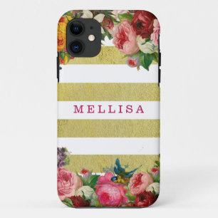 Funda Para iPhone 11 Vintage Floral Monograma Oro Bandas Blancas
