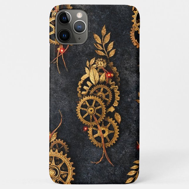 Funda De Case-Mate Para iPhone Vintage Gold Gears & Red Neon Mythic Cyberpunk  (Reverso)