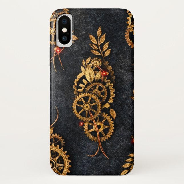 Funda De Case-Mate Para iPhone Vintage Gold Gears & Red Neon Mythic Cyberpunk  (Reverso)