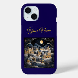 Funda Para iPhone 15 Vintage Navy Blue & Gold Christmas iPhone 15 Cas