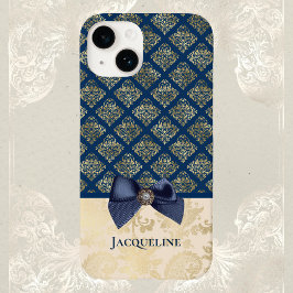 Funda Para iPhone 14 De Case-Mate Vintage Navy Gold Damask look con doblado y nombre