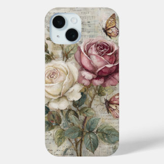 Funda Para iPhone 15 Vintage Shabby Chic Pink Rose and Butterfly