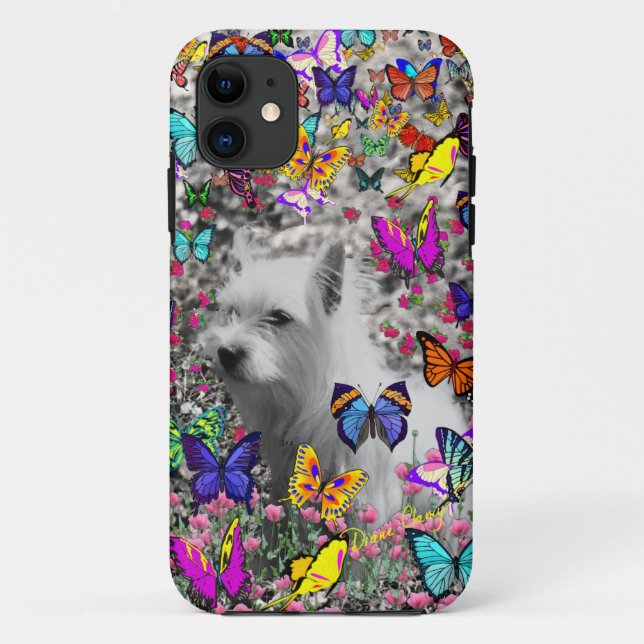 Funda De Case-Mate Para iPhone Violeta en mariposas - perro blanco de Westie (Reverso)