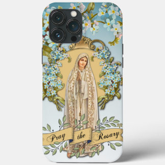 Funda Para iPhone 13 Pro Max Virgen de Fátima María Floral Azul Religiosa