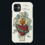 Funda Para iPhone 11 Virgen María Floral Religiosa Ave Maria Vintage<br><div class="desc">Con una hermosa imagen tradicional católica de la Inmaculada y Triste Corazón de la Santísima Virgen María sobre una cruz con olvídeme azul y el texto latino para "Salve María"... Ave María.</div>