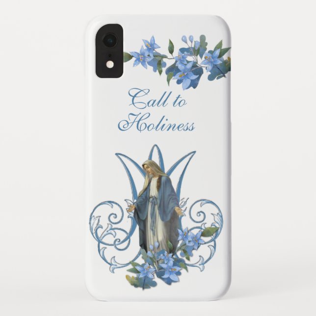 Funda De Case-Mate Para iPhone Virgen Religiosa María Maria Cruz Azul Flores  (Reverso)