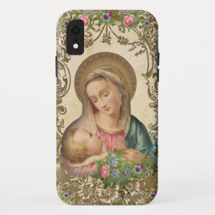 Funda Para iPhone XR Virgen Religiosa María Niño Jesús Vintage Floral