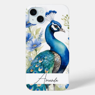 Funda Para iPhone 15 Mini Watercolor Azul Flores silvestres Peacock Personal