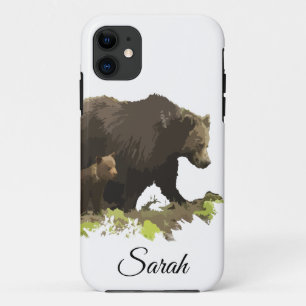 Funda Para iPhone 11 Watercolor Brown Black Mom Dad Bear & Cub Animal
