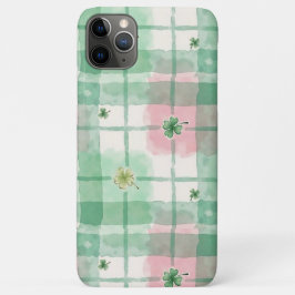 Funda Para iPhone 11 Pro Max Watercolor Green & Pink Plaid Lucky Clover