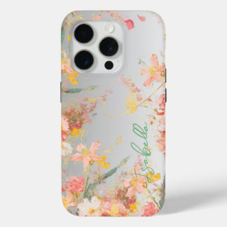 Funda Para iPhone 15 Pro Watercolor Pink and Gold Floral Custom Name Phone