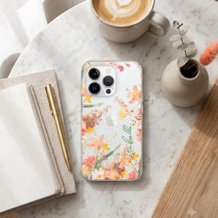 Funda Para iPhone 15 Pro Watercolor Pink and Gold Floral Custom Name Phone