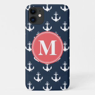 Funda Para iPhone 11 Watermelon Monogrammed Navy Blue Anchor Pattern