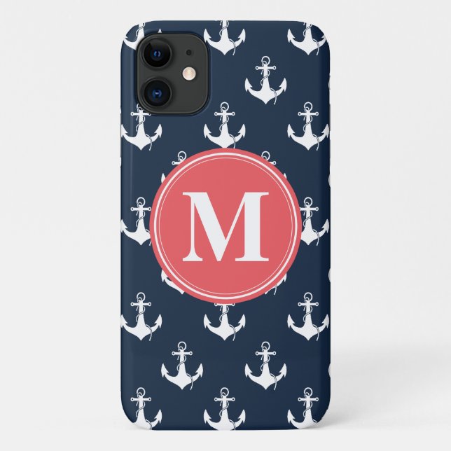 Funda De Case-Mate Para iPhone Watermelon Monogrammed Navy Blue Anchor Pattern (Reverso)