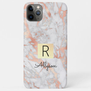 Funda Para iPhone 11 Pro Max Wh & Rosa Gold Marble Gold Box, Name & Monogram iP