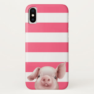 Funda Para iPhone X Whimsical Cute Pig on Coral Stripes Pattern