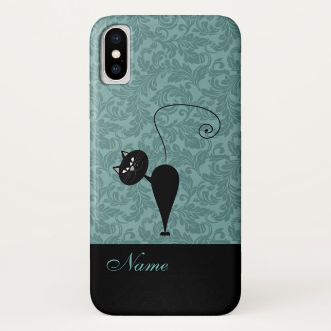 Funda De Case-Mate Para iPhone Whimsical Funny trendy gato negro damasco (Reverso)