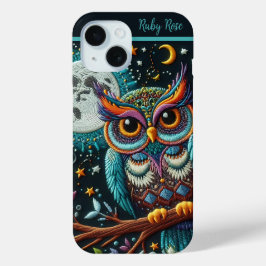 Funda Para iPhone 15 Whimsical Owl Faux Embroidery