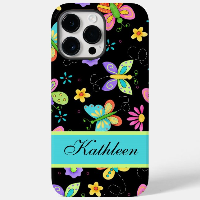 Funda De Case-Mate Para iPhone Whimsy Butterflies Nombre negro personalizado (Reverso )