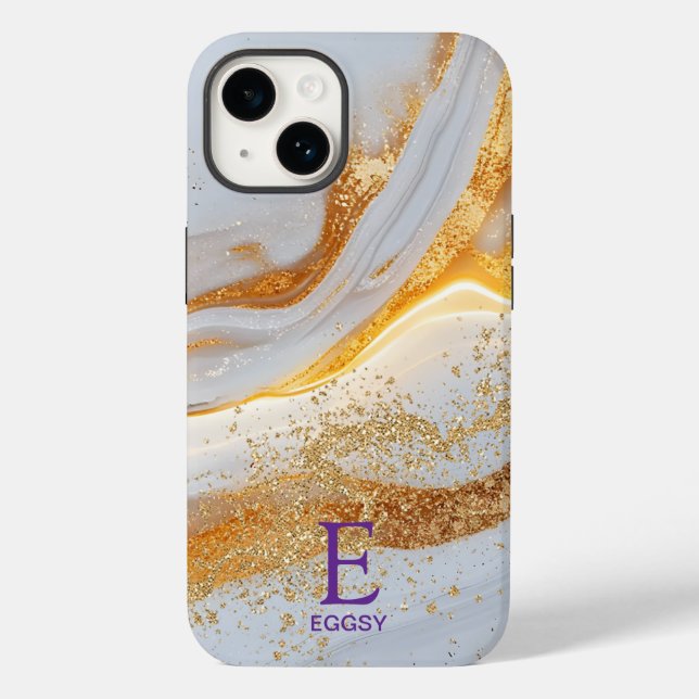 Funda De Case-Mate Para iPhone White marble chic gold glitter monogram (Reverso )