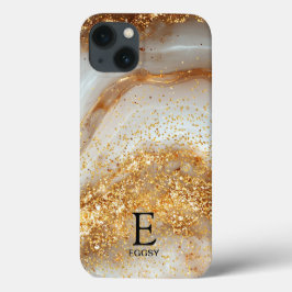 Funda Para iPhone 13 White marble chic gold glitter monogram