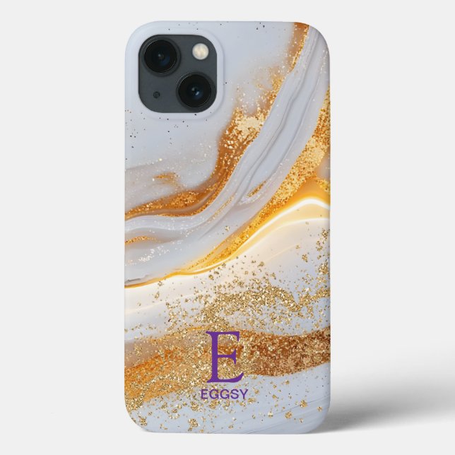 Funda De Case-Mate Para iPhone White marble chic gold glitter monogram (Reverso)