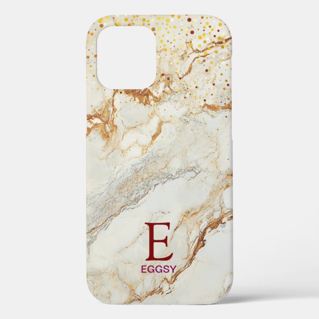Funda De Case-Mate Para iPhone White marble chic gold glitter monogram (Reverso )
