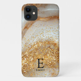 Funda Para iPhone 11 White marble chic gold glitter monogram