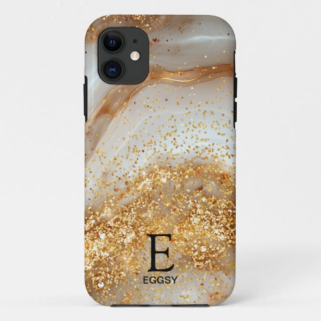 Funda De Case-Mate Para iPhone White marble chic gold glitter monogram (Reverso)