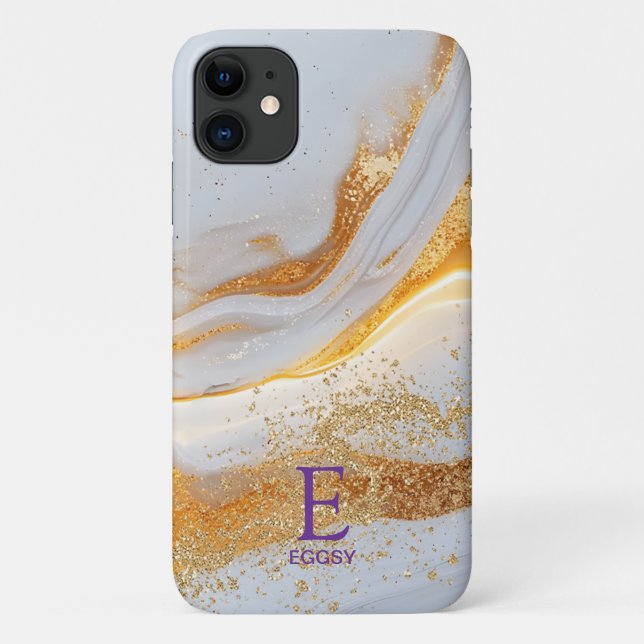 Funda De Case-Mate Para iPhone White marble chic gold glitter monogram (Reverso)