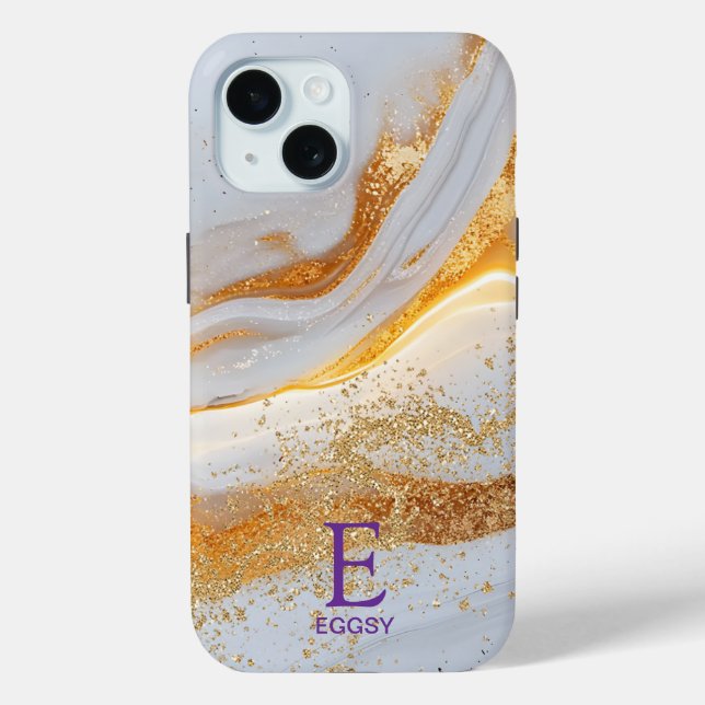 Funda De Case-Mate Para iPhone White marble chic gold glitter monogram (Reverso )