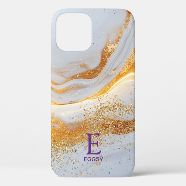 Funda De Case-Mate Para iPhone White marble chic gold glitter monogram (Reverso )