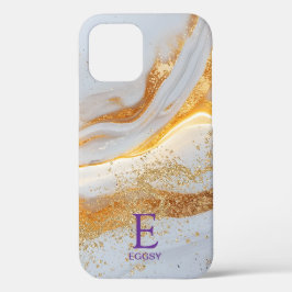 Funda Para iPhone 12 White marble chic gold glitter monogram