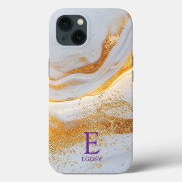 Funda Para iPhone 13 White marble chic gold glitter monogram