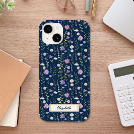Funda Para iPhone 14 De Case-Mate Wild Flowers Pattern Blue navy Background