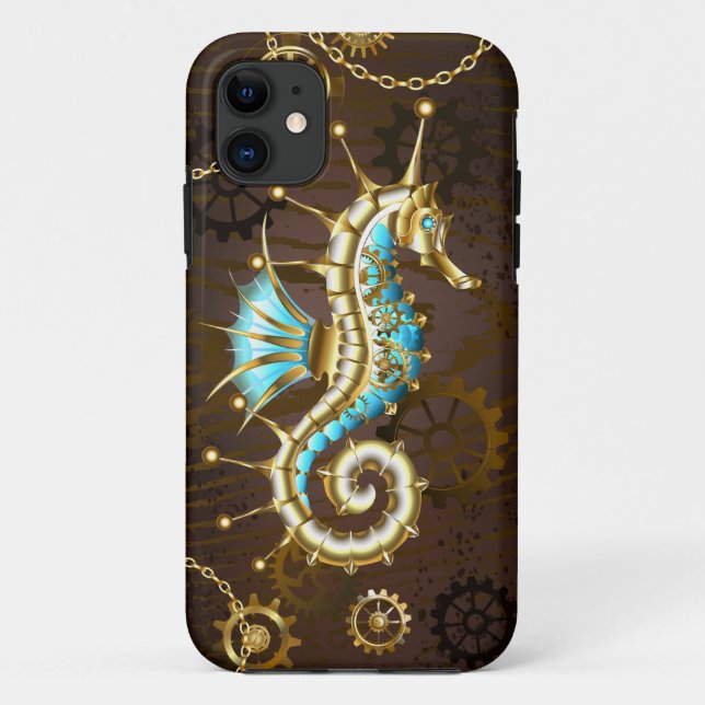 Funda De Case-Mate Para iPhone Wooden Background with Mechanical Seahorse (Reverso)