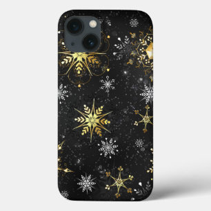 Funda Para iPhone 13 Xmas copos de nieve dorados sobre fondo negro