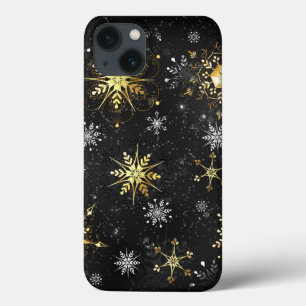 Funda Para iPhone 13 Xmas copos de nieve dorados sobre fondo negro