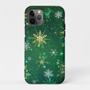 Funda Para iPhone 11 Pro Xmas copos de nieve dorados sobre fondo verde