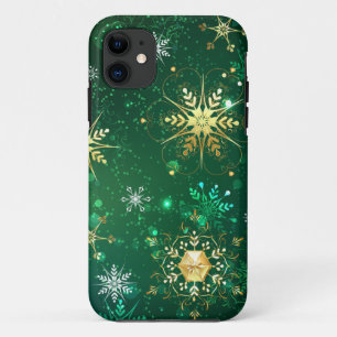 Funda Para iPhone 11 Xmas copos de nieve dorados sobre fondo verde