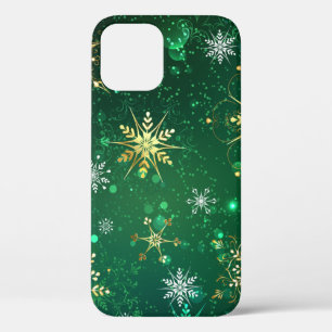 Funda Para iPhone 12 Pro Xmas copos de nieve dorados sobre fondo verde