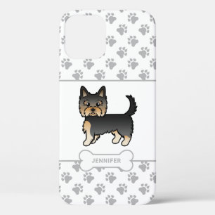 Funda Para iPhone 12 Yorkie negro y marrón con patas, hueso de perro y 