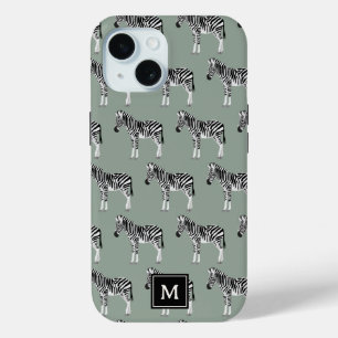Funda Para iPhone 15 Zebra Exótico Patrón Animal Sage Monograma Verde
