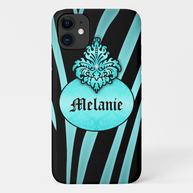 Funda De Case-Mate Para iPhone Zebra negra de Aqua con placa de nombre (Reverso)