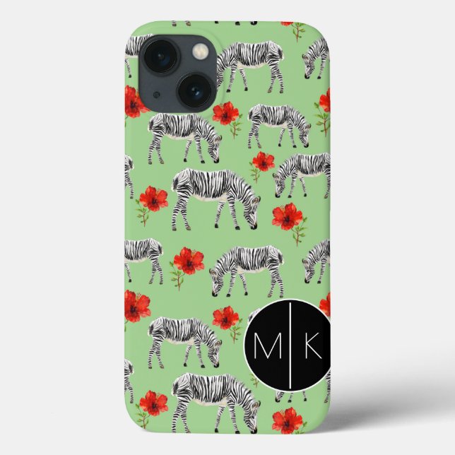 Funda De Case-Mate Para iPhone Zebras entre flores de Hibiscus | Monograma (Reverso)