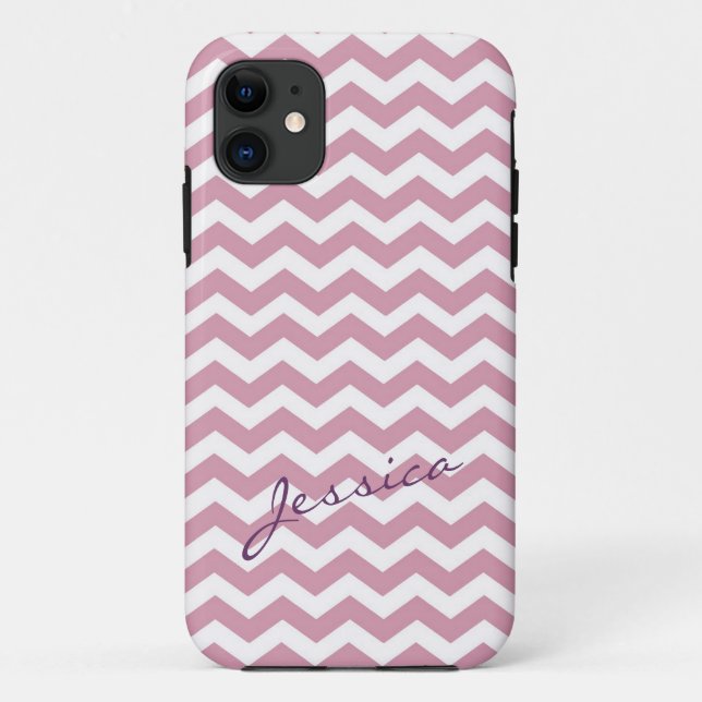 Funda De Case-Mate Para iPhone Zigzag de chevron rosa de moda con nombre (Reverso)